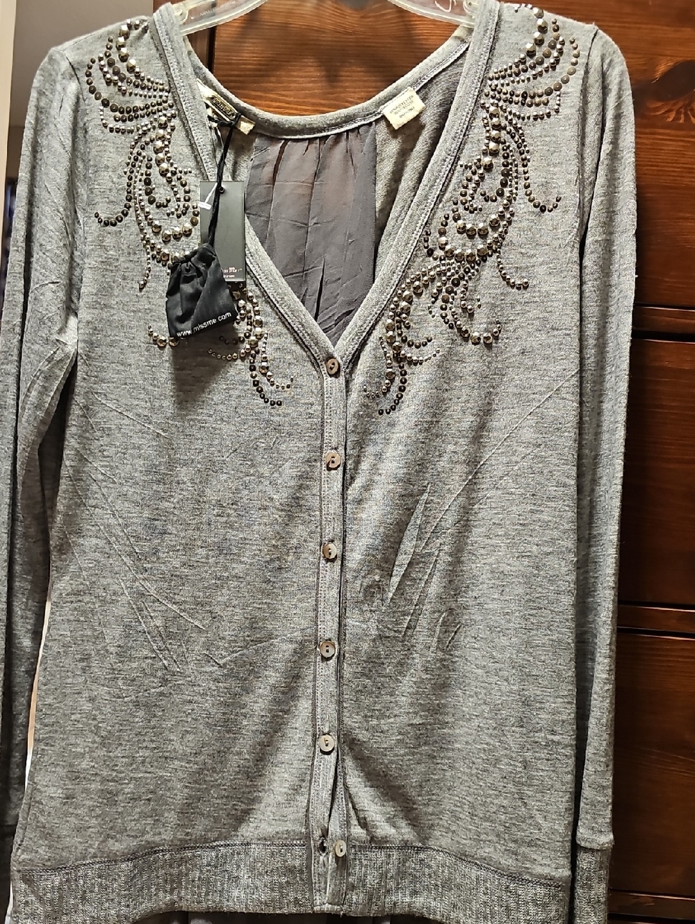 Miss Me Embellished V-Neck Gray Button Cardigan Sweater